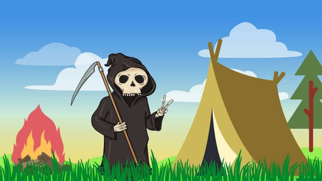 Is it safe to use a propane heater in a tent? Grim reaper standing next to tent