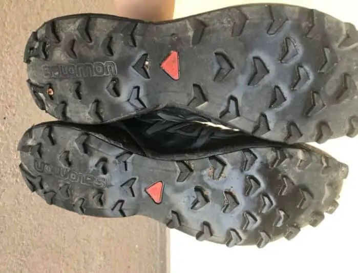 Trail running shoes with large lugs. 