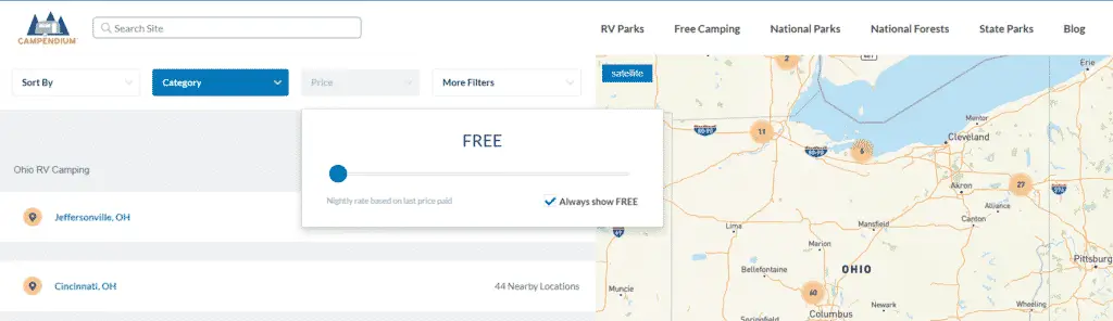 Campendium.com always show free overnight RV parking filter.